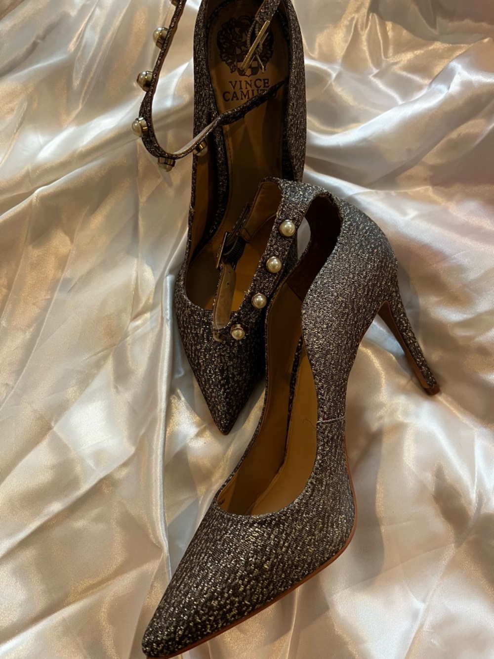 Vince Camuto Metallic Taupe Glitter Pointed-Toe Pumps with Pearl Strap